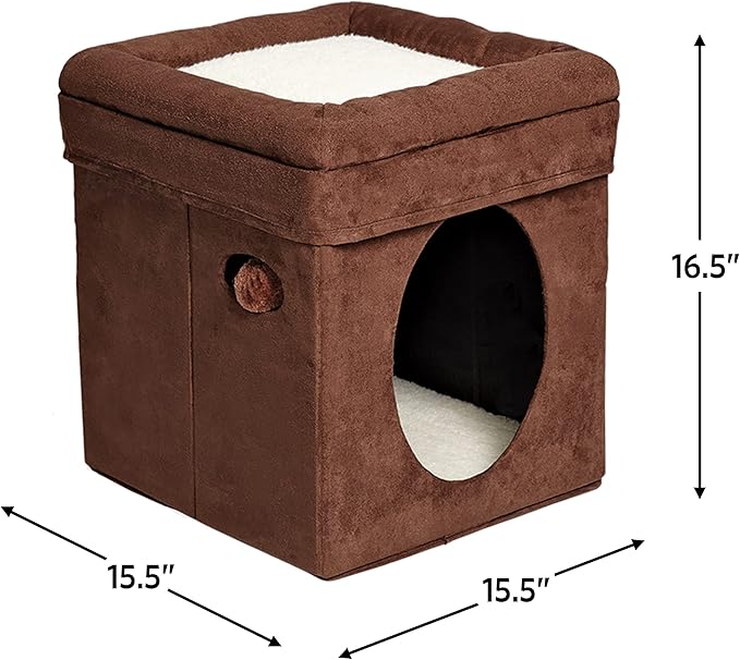 MidWest Homes for Pets 137-BR 'The Original' Curious Cat Cube, Cat House / Cat Condo in Brown Faux Suede & Synthetic Sheepskin