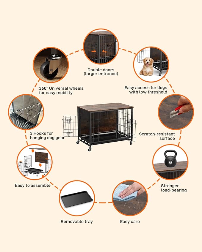 Dog Crate Furniture, 2024 Deluxe Wooden Dog Kennel with Removable Tray and Wheels, Heavy-Duty Double-Doors 27.2" Dog Cage End Table, Indoor Dog House for Large Dogs (Brown & Black, Small)