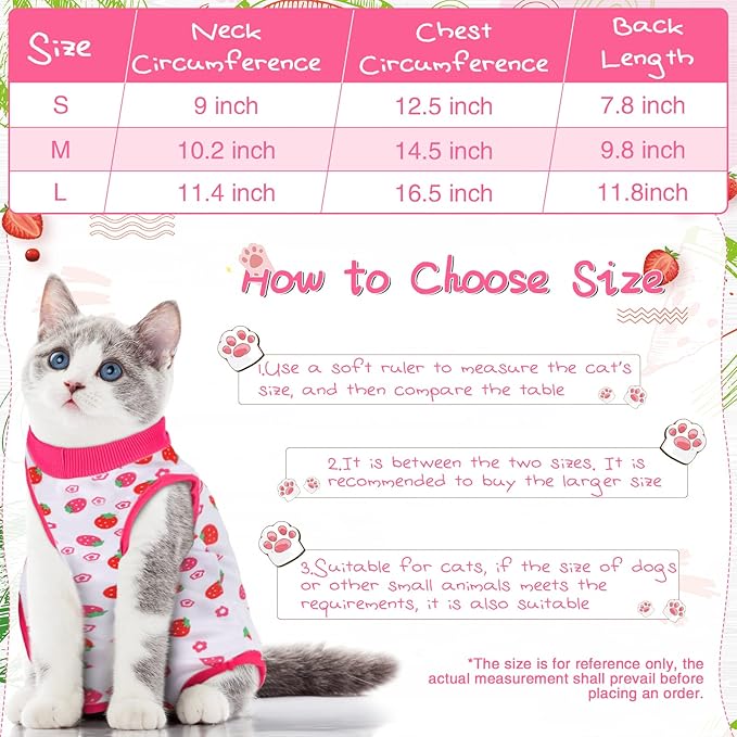 3 Pieces Cat Recovery Suit Kitten Recovery Suit E-Collar Alternative for Cats and Dogs Abdominal Skin Anti Licking Pajama Suit (Strawberry Pattern, Medium)