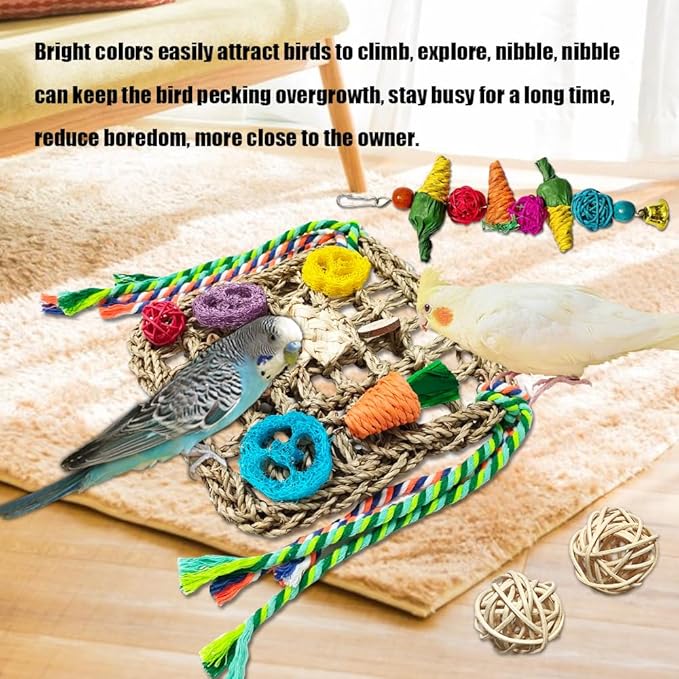 4 Pcs Parrot Toys, Foraging Shredding Seagrass Wall for Birds, Seagrass Woven Climbing Hammock Mat with Colorful Chewing Toys for Lovebirds, Parakeets, Budgerigars, Conure, Cockatiel