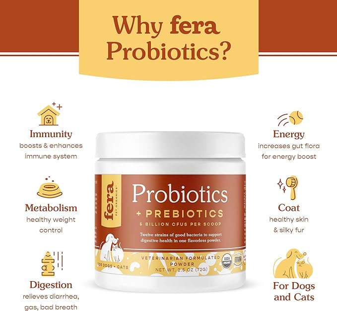 Fera Pets Organic Probiotics for Dogs & Cats - Vet Created - Cat & Dog Probiotic Supplement - 12 Strains & Prebiotics for Pet’s Digestion - 60 Scoops