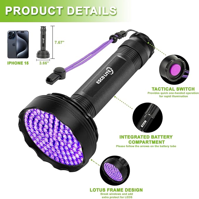 ESCO LITE Blacklight Flashlight 128 LED UV Flashlight, Upgraded Bright 395nm Handheld Ultraviolet Flashlight for Pet Urine Detection, Scorpion Hunting