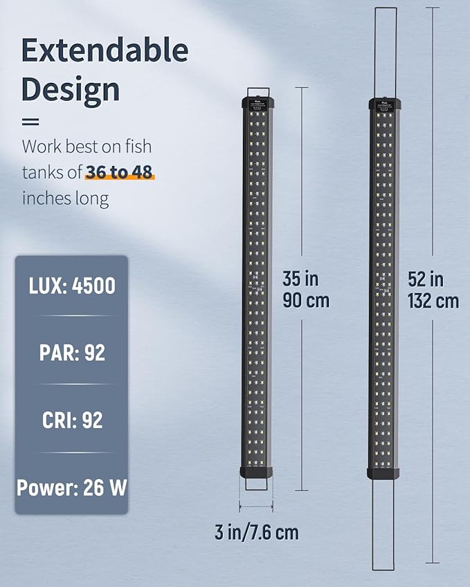 Pawfly 26W Aquarium LED Light for 36 to 48 Inch Fish Tanks Extendable Fish Tank Light with Full Spectrum Brilliant White Blue Red Lights with Daytime & Night Modes and Adjustable Brightness