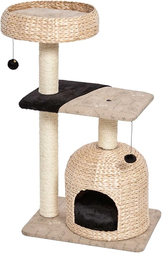 MidWest Homes for Pets Cat Tree | Nest Cat Furniture, 3-Tier Cat Activity Tree w/ Sisal Wrapped Support Scratching Posts & Dangle Play Balls, Woven Rattan & Script Medium Cat Tree