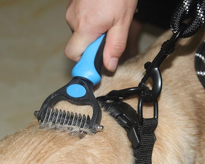 Maxpower Planet Pet Grooming Brush - Double Sided Shedding, Dematting Undercoat Rake for Dogs, Cats. Extra Wide Dog Grooming Brush, Dog Brush for Shedding, Cat Brush, Reduce Shedding by 95% (Blue, S)