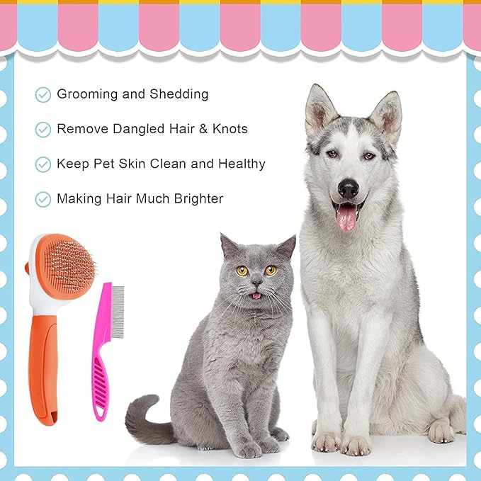 Cat Brushes for Indoor Cats, Dog Brush for Shedding with Metal Cat Comb, Self Cleaning Pet Hair Brush with Release Button for Grooming Kitten(Orange)