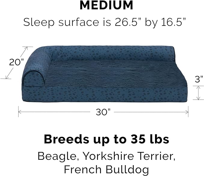 Furhaven Memory Foam Dog Bed for Medium/Small Dogs w/ Removable Bolsters & Washable Cover, For Dogs Up to 35 lbs - Plush & Almond Print L Shaped Chaise - Blue Almonds, Medium