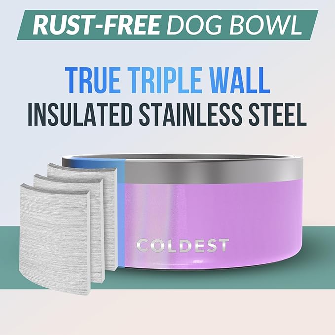 Coldest Dog Bowl, Anti Rust Metal & Non Slip Dog Bowls Large, Spill Proof Heavy Duty 3 Layers Insulated Dog Bowl, Food & Water Bowl for Dogs, Cats, Dishwasher Safe (100 oz, Saturns Purple Glitter)