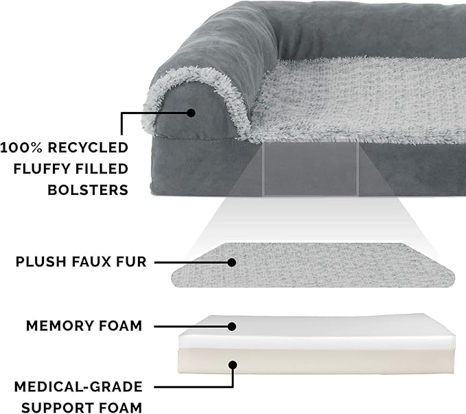 Furhaven Memory Foam Dog Bed for Large Dogs w/ Removable Bolsters & Washable Cover, For Dogs Up to 125 lbs - Two-Tone Plush Faux Fur & Suede L Shaped Chaise - Stone Gray, Jumbo Plus/XXL