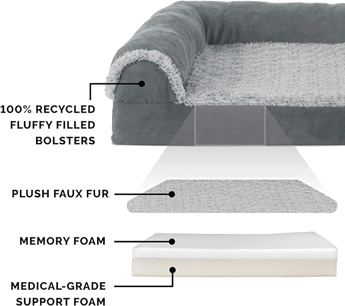 Furhaven Memory Foam Dog Bed for Large/Medium Dogs w/ Removable Bolsters & Washable Cover, For Dogs Up to 55 lbs - Two-Tone Plush Faux Fur & Suede L Shaped Chaise - Stone Gray, Large