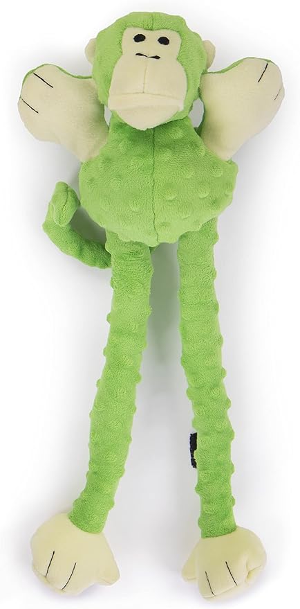 goDog Crazy Tugs Monkey Squeaky Plush Tug Dog Toy, Chew Guard Technology - Green Large