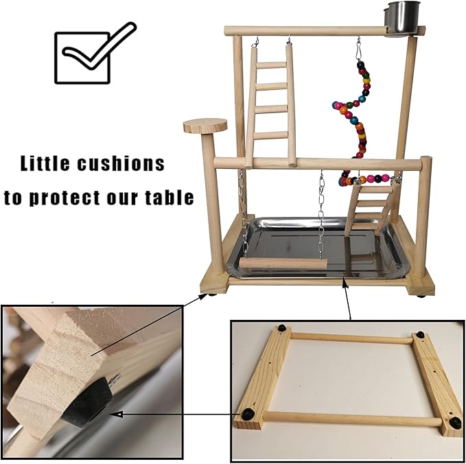 Parrots Playground, Bird Play Gym Wood Perch Stand Colours Revolving Climb Ladders Swing Chewing Toys with Parakeet Feeding Cups Exercise Activity Center for Conure Cockatiel Lovebirds(Include a Tray)