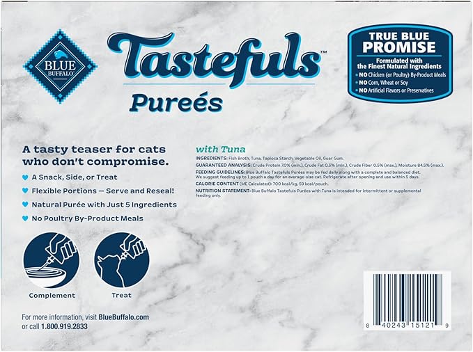 Blue Buffalo Tastefuls Adult Cat Natural Purées Multi-Pack, Tuna 3-oz Resealable Twist Cap Pouches (12 Count)