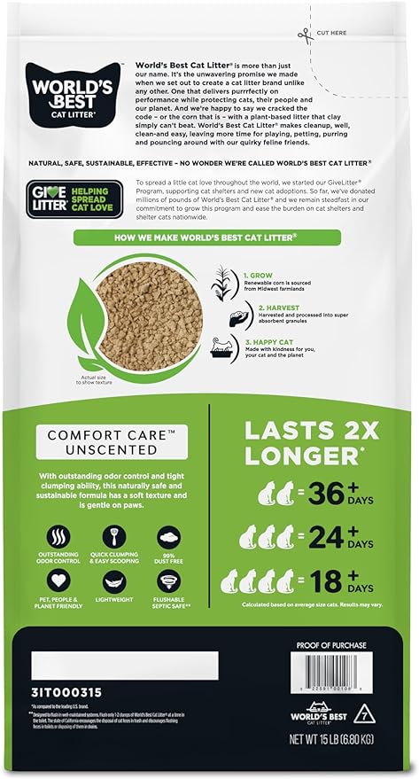 WORLD'S BEST CAT LITTER Comfort Care Unscented 15-Pounds - Natural Ingredients, Quick Clumping, Flushable, 99% Dust Free & Made in USA - Long-Lasting Odor Control & Easy Scooping