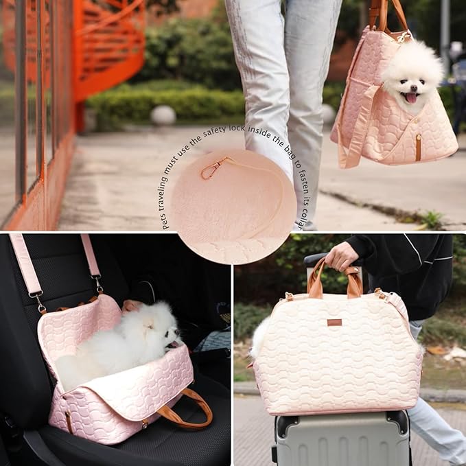 Puppy Carrier Bag Woman,Small Dog Purse Totes Large Cat Pups Kennel Car Seat,Breathable Mesh Soft Cushion,Traveling Pets Tote for Hiking Picnic Outdoor (Pink)