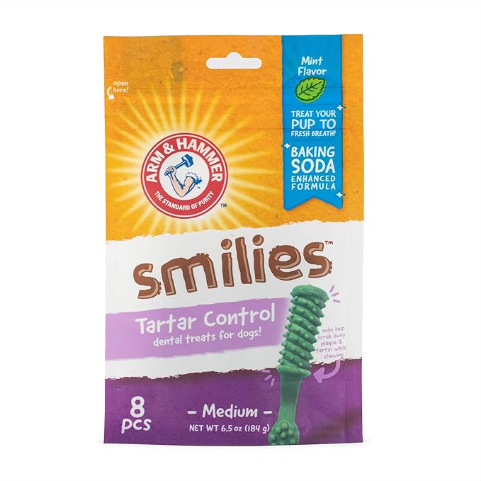 Arm & Hammer for Pets Smilies Dental Chews for Dogs Dental Chews Fight Bad Dog Breath, Plaque & Tartar Without Brushing Fresh Mint Flavor, Dog Dental Treats (Pack of 24, 192 Count Total)