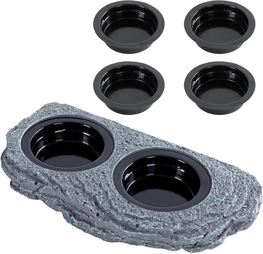 Magnetic Gecko Ledge, Resin Reptile Feeder Ledge with 4 Feeding Cups, Wall Mounted Reptile Food Dish and Water Dish 2 in 1