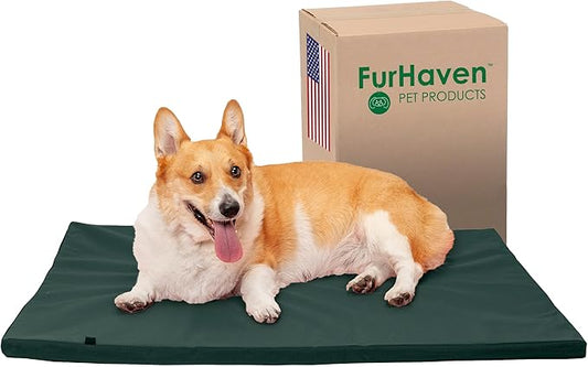 Furhaven Water-Resistant Dog Bed for Large/Medium Dogs w/ Removable Washable Cover, Perfect for Crates & Kennels, For Dogs Up to 70 lbs - Two-Tone Reversible Crate Pad - Green/Gray, Large