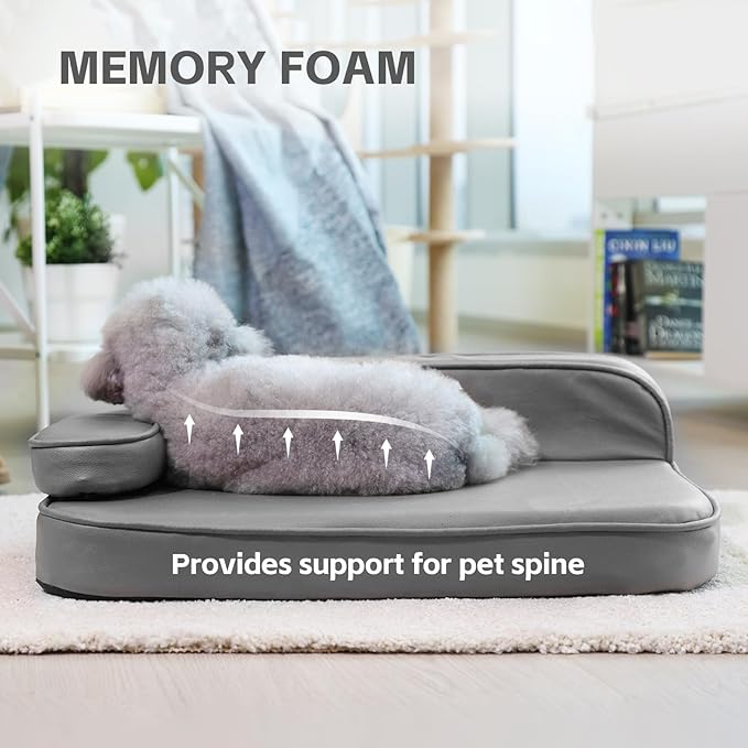 Dog Bed for Small Dogs, Easy Clean Dog Sofa Air-Leather-Fabric Pet Bed, Stain & Waterproof Dog Bed with Memory Foam & Washable Cover, with Pillow & Side Cushion, Gray, S Size