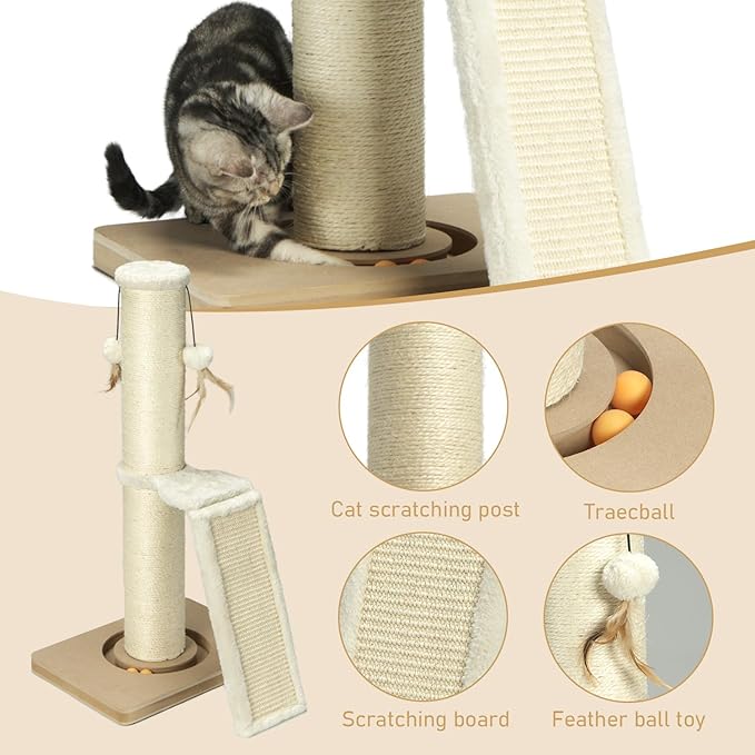 Cat Scratching Post,31" Tall Sisal Scratch Posts with Vertical Scratching Board for Cats and Kittens,with Track Ball and Hanging Feather Ball Toys,Beige