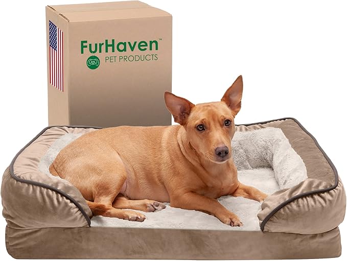 Furhaven Orthopedic Dog Bed for Medium/Small Dogs w/ Removable Bolsters & Washable Cover, For Dogs Up to 35 lbs - Plush & Velvet Waves Perfect Comfort Sofa - Brownstone, Medium