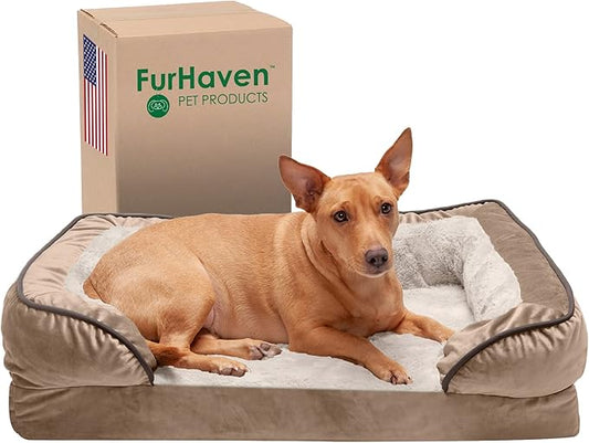 Furhaven Orthopedic Dog Bed for Medium/Small Dogs w/ Removable Bolsters & Washable Cover, For Dogs Up to 35 lbs - Plush & Velvet Waves Perfect Comfort Sofa - Brownstone, Medium