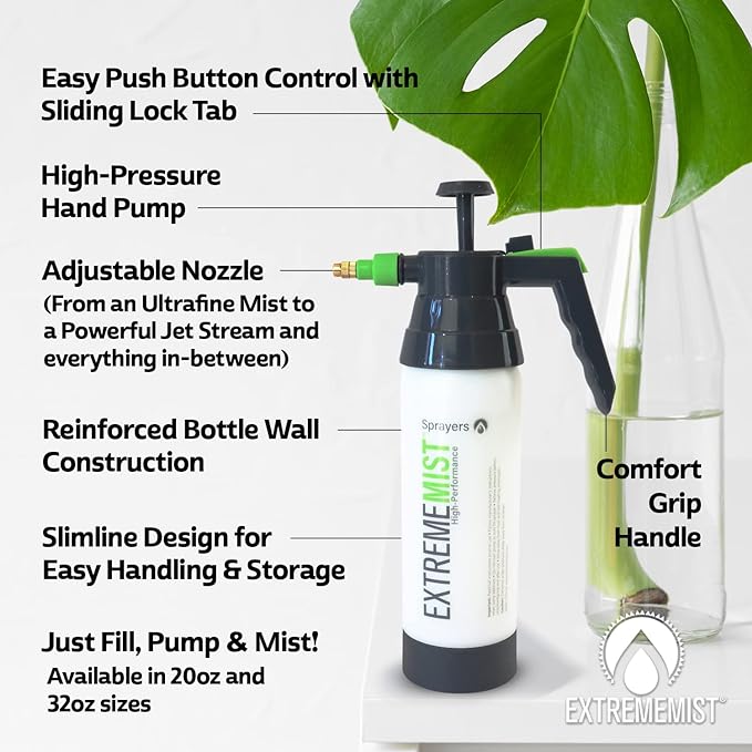 ExtremeMIST High-Performance Garden Sprayer - Ultimate Plant Mister & Spray Bottle for Plants - Horticultural Hand Pump Sprayer with Adjustable Brass Nozzle - Outdoor & Indoor Plant Humidifier - 32 Oz