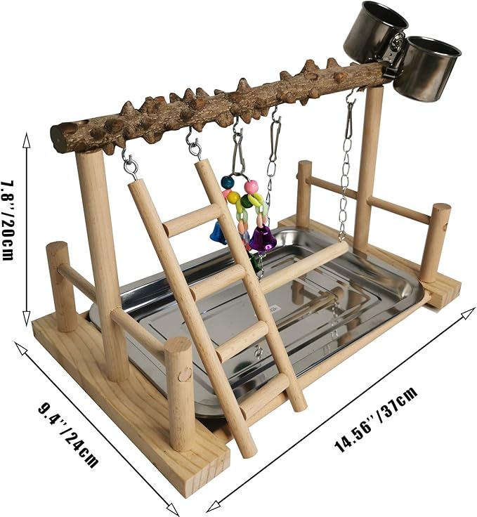 Hamiledyi Parrot Playground Bird Playstand Wood Exercise Play Perch Exercise Gym with Feeder Cups Toys Cockatiel with Ladder Hanging Swing for Pet Conure Lovebirds Life Activity Center Training Stand