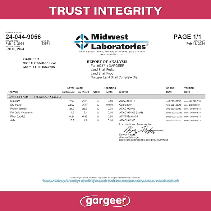 2oz Land Snail Complete Diet with Fruit. Nutritious, Balanced, Non-Gmo, No Ethoxyquin or Copper Sulfate Food Option. Enriched with dried banana, mango, and bee pollen. Proudly Made in The USA