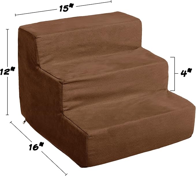 3-Step Pet Stairs - Nonslip Foam Dog and Cat Steps with Removable Zippered Microfiber Cover - 2-Tone Design for Home or Vehicle by PETMAKER (Brown)