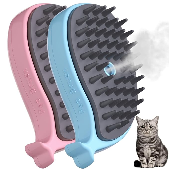 Cat Steam Brush, 3 in 1 Cat Steamy Brush, Silicone Massage Grooming Brush, Pet Hair Self Cleaning Brush Comb for Cats Dogs(Blue/Pink Whale)