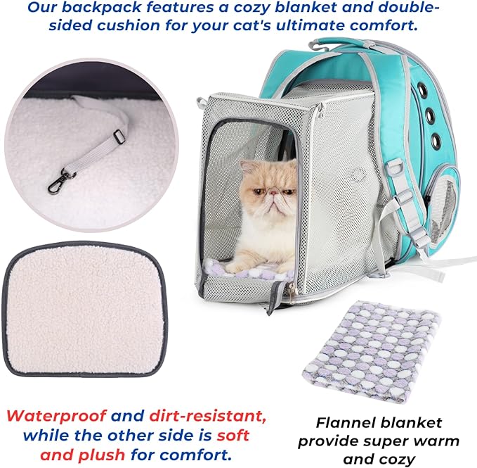 LOLLIMEOW Pet Carrier Backpack, Bubble Backpack Carrier, Cats and Puppies,Airline-Approved, Designed for Travel, Hiking, Walking & Outdoor Use (Square Expandable-Green)