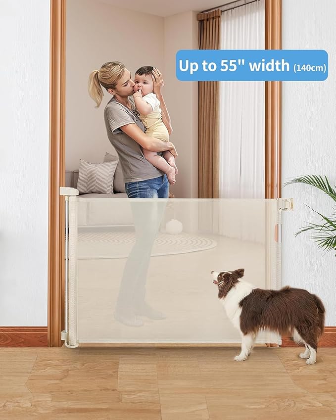 Retractable Baby Gate,Mesh Baby Gate or Mesh Dog Gate,33" Tall,Extends up to 55" Wide,Child Safety Gate for Doorways, Stairs, Hallways, Indoor/Outdoor（Beige,33"x55")