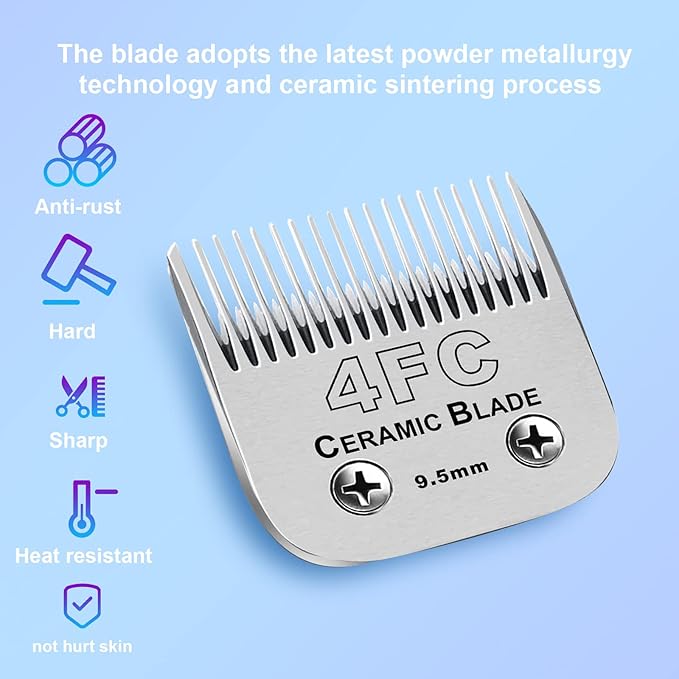 2 Pack Detachable Pet Dog Clipper Blades, Compatible with Andis Size 4FC Cut Length 3/8"(9.5mm), Most Oster A5,Wahl KM Series Clippers,Made of Ceramic Blade & Stainless Steel Blade