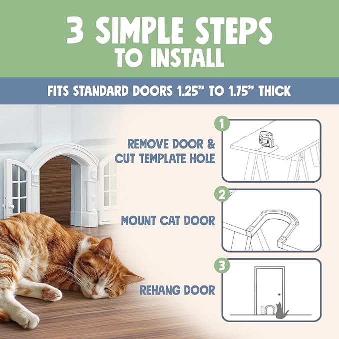 Purrfect Portal French Cat Door - Stylish No-Flap Cat Door Interior Door for Average-Sized Cats Up to 20 lbs, Easy DIY Setup, Secured Installation in Minutes, No Training Needed, 7.13 x 8.32”