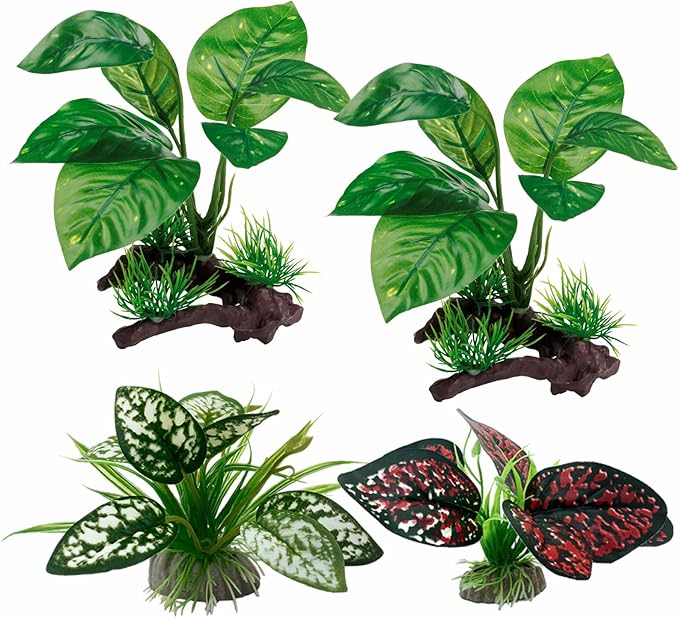 Reptile Artificial Plants, Terrarium Plants Decorations Supplies, Aquarium Fish Tank Plant, Amphibian Habitat Hideout Tank Accessories (M Set-4pcs/G)