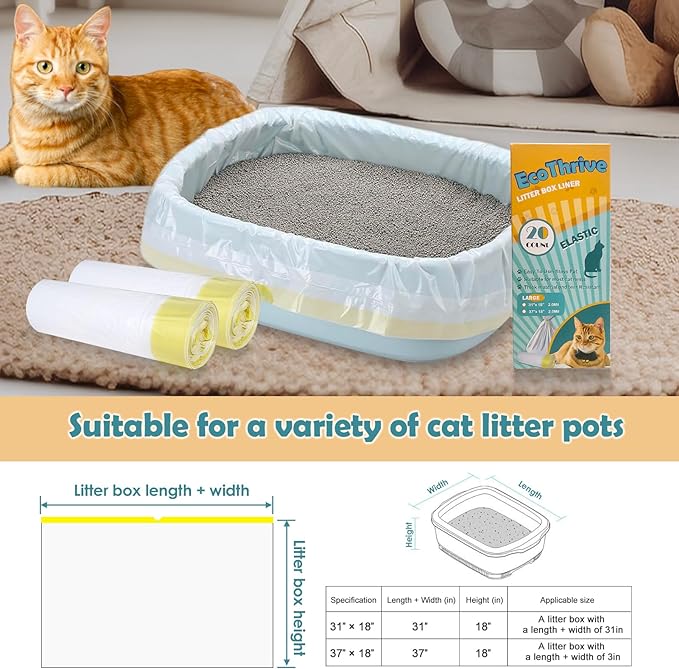 20 Count Cat Litter Liners Large, Drawstring Extra Large Pet Cat Pan Liners Extra-Thick Kitty Litter Box Bag- (large 37" x 18")