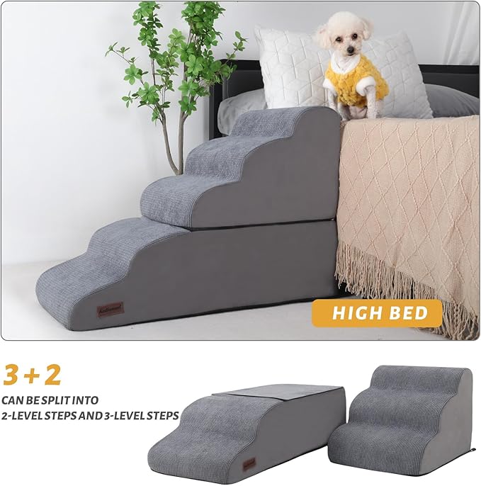 Dog Stairs and Ramp for High Bed, 5-Step Dog Steps for Small Dogs and Cats,Non-Slip Pet Stairs Suitable High Bed Climbing