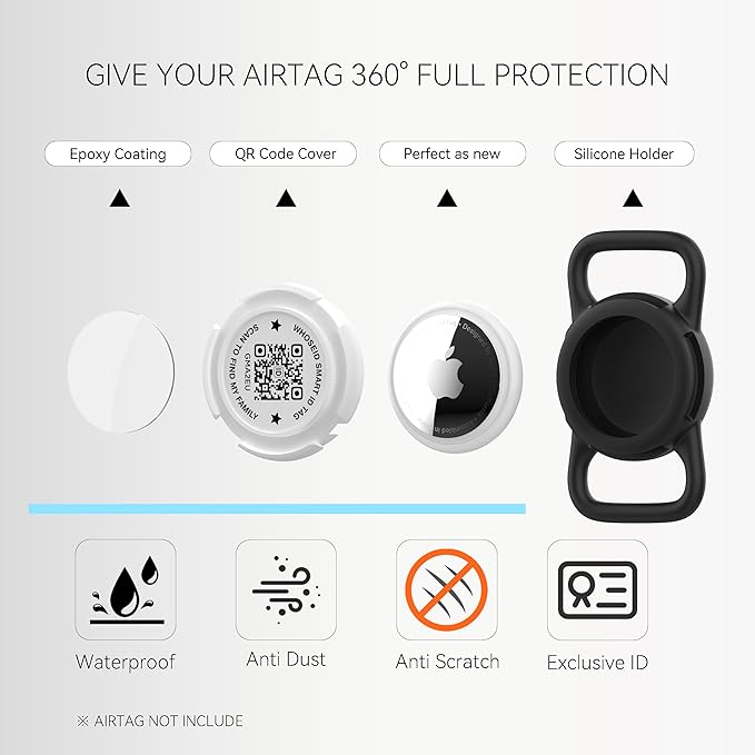 QR Code Airtag Holder, Scan QR Code Send Location Alert Email, Waterproof Full Body Protection Anti-Lost Air Tag Case, Airtag Accessories for Dog, Cats, Collar, Backpack (Black, Regular)