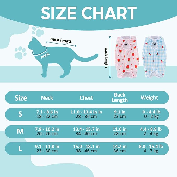 Avont 2 Pack Cat Recovery Suit - Kitten Onesie for Cats After Surgery, Surgical Spay Recovery Suit Female for Abdominal Wounds or Skin Diseases Protection -Cherry/Strawberry(M)