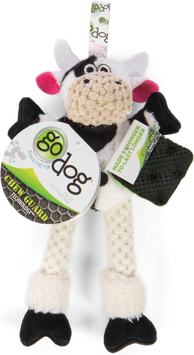 goDog Checkers Just for Me Skinny Cow Squeaky Plush Dog Toy, Chew Guard Technology - White, Mini