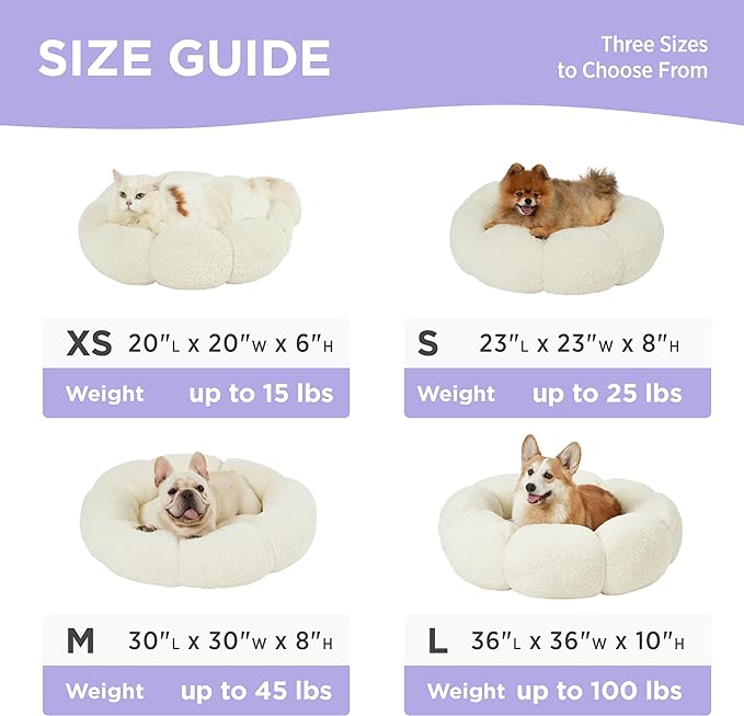 Lesure Calming Medium Dog Bed - Flower Donut Round Fluffy Puppy Bed in Plush Teddy Sherpa, Non-Slip Cute Flower Cat Beds for Indoor Cats, Medium Pet Bed Fits up to 45 lbs, Machine Washable, Cream 30"