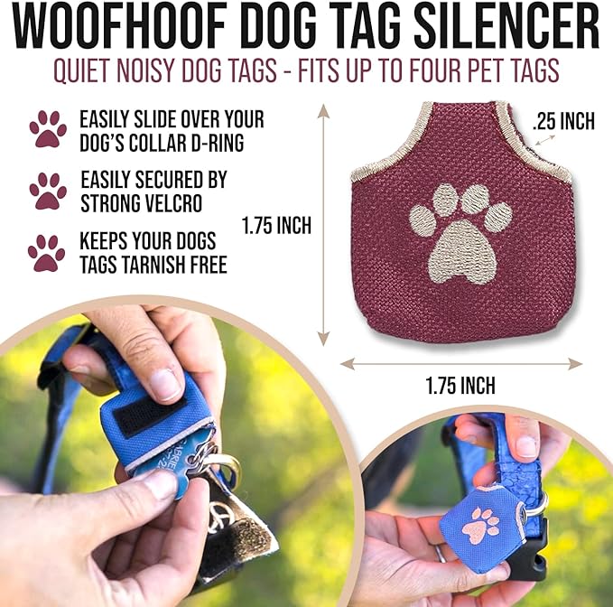 Dog Tag Silencer, Burgundy Pawprint - Quiet Noisy Pet Tags - Fits Up to Four Pet IDs - Dog Tag Cover Protects Metal Pet IDs, Made of Durable Nylon, Universal Fit, Machine Washable