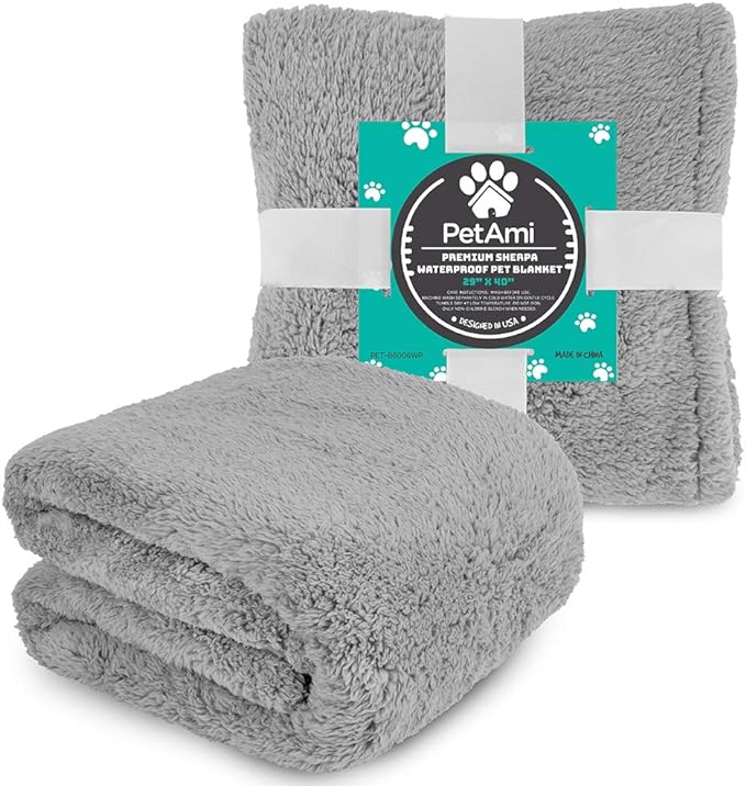 PetAmi Fluffy Waterproof Dog Blanket for Small Medium Dogs, Soft Warm Pet Sherpa Throw Pee Proof Couch Cover, Reversible Cat Puppy Bed Blanket Sofa Protector, Plush Washable Pad (Light Grey, 29x40)