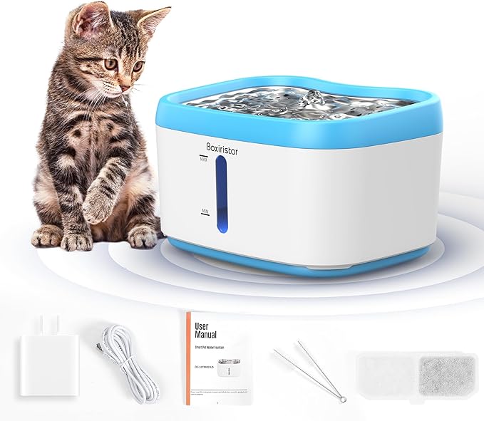 Cat Water Fountain Wireless Pet Fountain Battery Operated,2.5L/84oz Automatic Motion Sensor Dog Water Dispenser for Drinking with Quiet Pump,Stainless Steel Tray Adapter,Filters Included