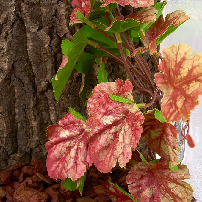 2Pack Reptile Fake Plants for Terrarium, Snake Tank Accessories, Habitat Decor Artificial Hanging Plants with Suction Cup - Fake Heuchera Micrantha Pink