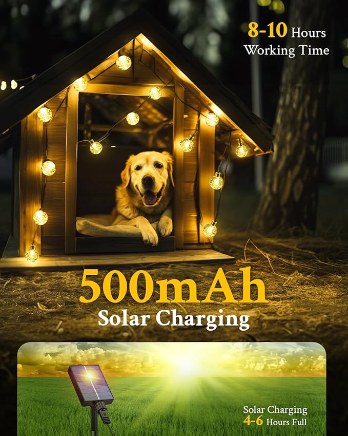 Dog House Decor Solar String Lights 500mAh, Pet Supplies Decor with Battery String Lights for Cat Bed Pet House, Outdoor Dog Shelter Lights, 9.9ft 20 LED String Lights 8 Modes for Pets House Decor