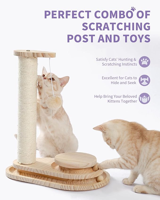 Made4Pets Cat Scratching Post Cat Scratcher Kitten Toys for Indoor Cats Wooden Ball Track Two-Layer Modern Sisal 17.7" Tall Scratch Post Interactive Toy with Dangling Ball