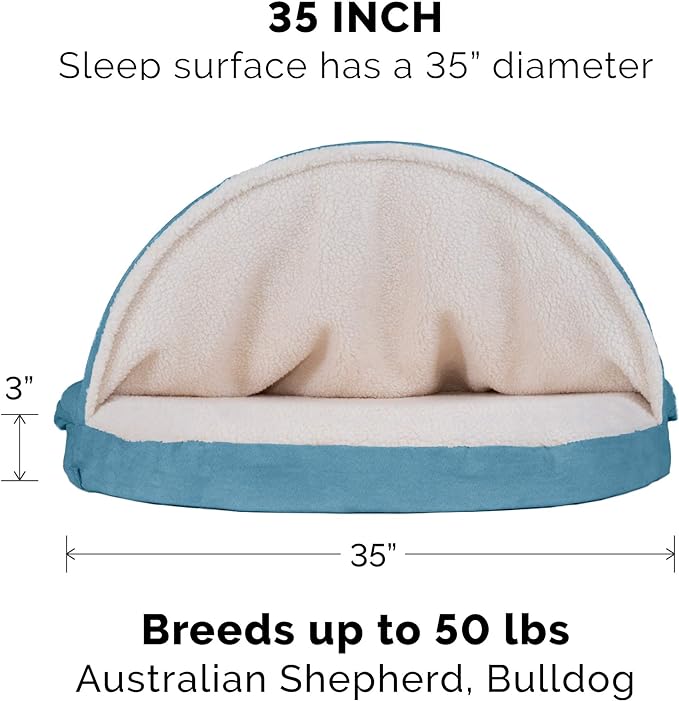Furhaven 35" Round Memory Foam Dog Bed for Large/Medium Dogs w/ Removable Washable Cover, For Dogs Up to 50 lbs - Sherpa & Suede Snuggery - Blue, 35-inch