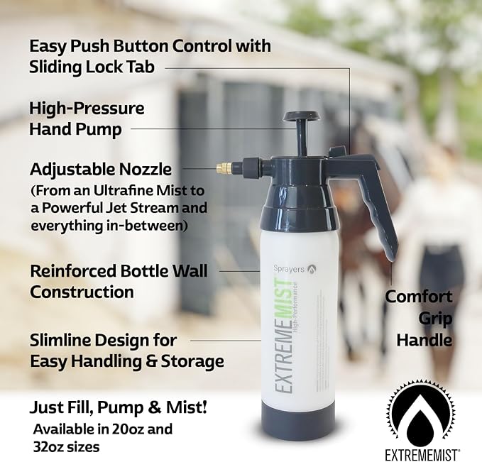 ExtremeMIST High-Performance Equine Mister - Handheld Pump Sprayer - Portable Stable Sprayer Bottle for Horse Care - Continuous High Pressure Ultra-Fine Mist for Horse Grooming & Fly Sprays - (32 Oz)